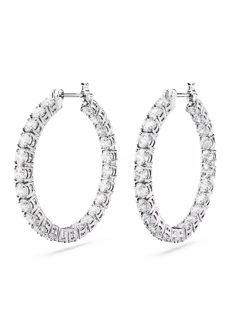 Dextera hoop earrings, Asymmetrical design, Interlocking loop, White,  Gold-tone plated