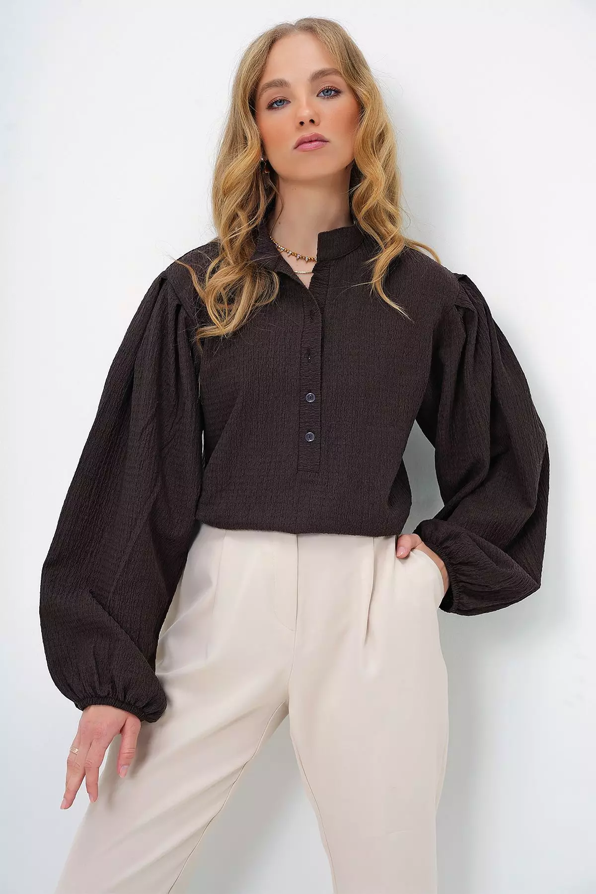 Women's Brown Judge Collar Button Front Balloon Sleeve Textured Wrap Shirt Blouse