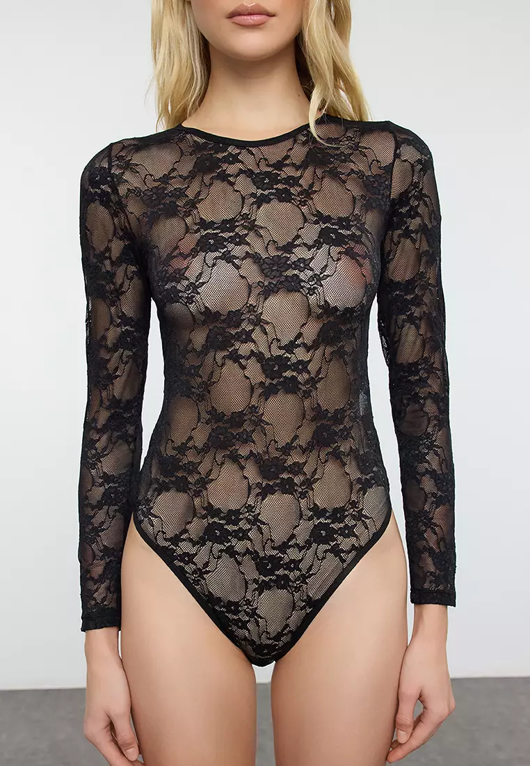 Black Lace Openwork/Holeless Covered Snap Knit Bodysuit THMAW25BD00001