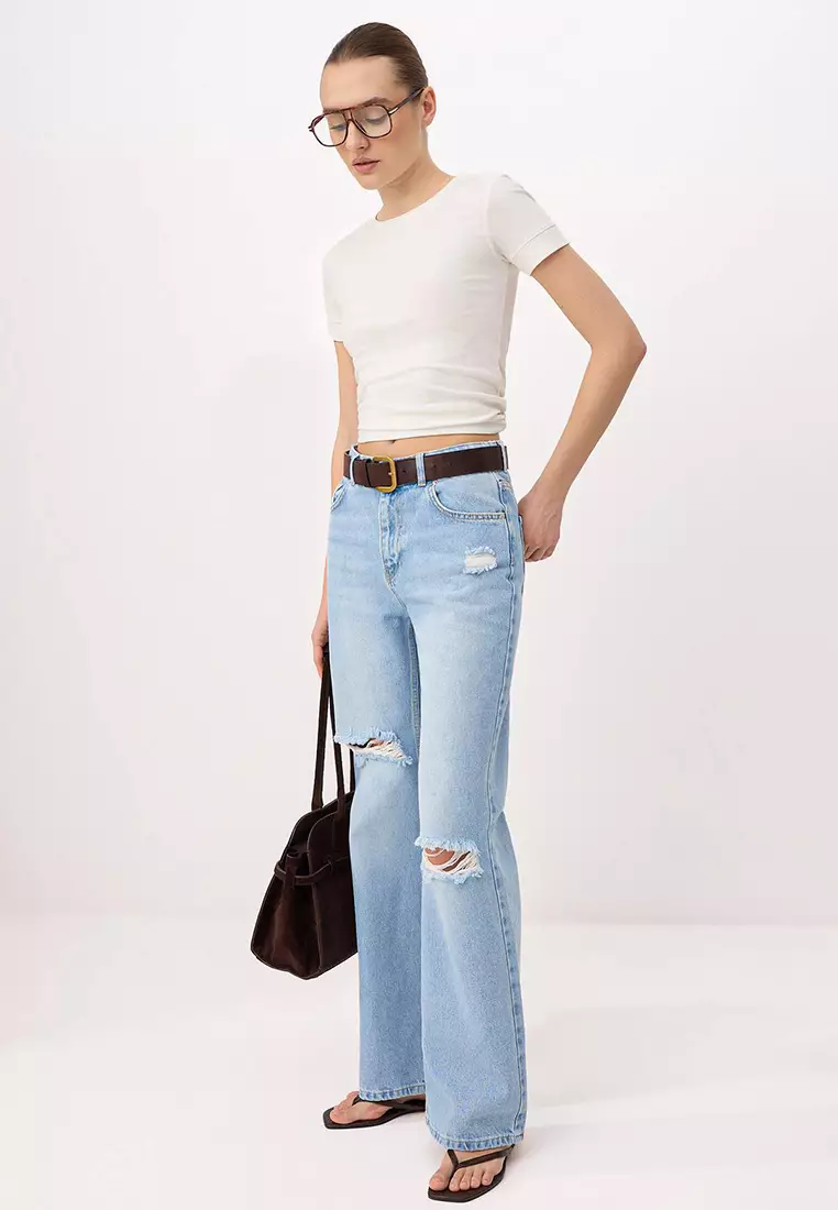 Blue Ripped Detailed High Waist Wide Leg Jeans Twoss26Je264