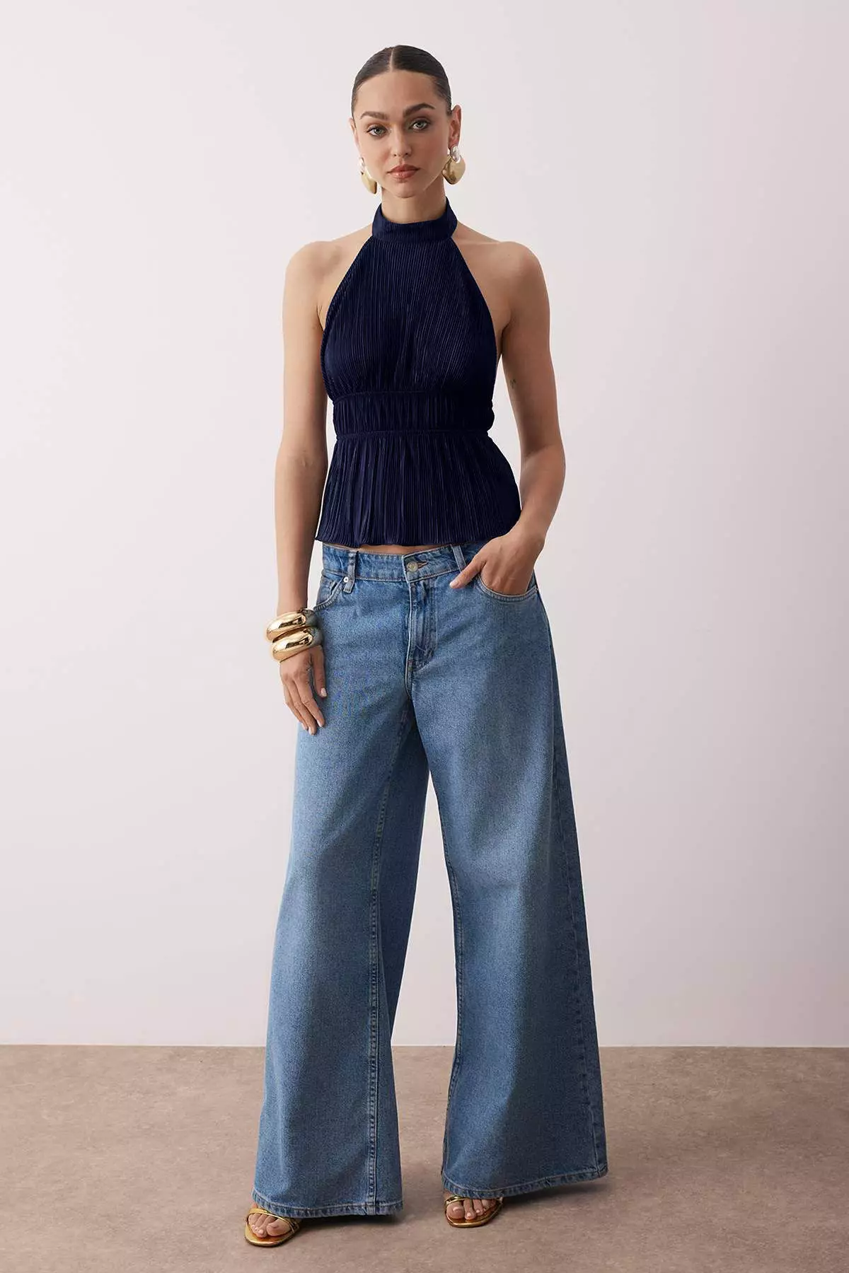 Navy Blue Half-Lined Halter Neck Textured Party Blouse