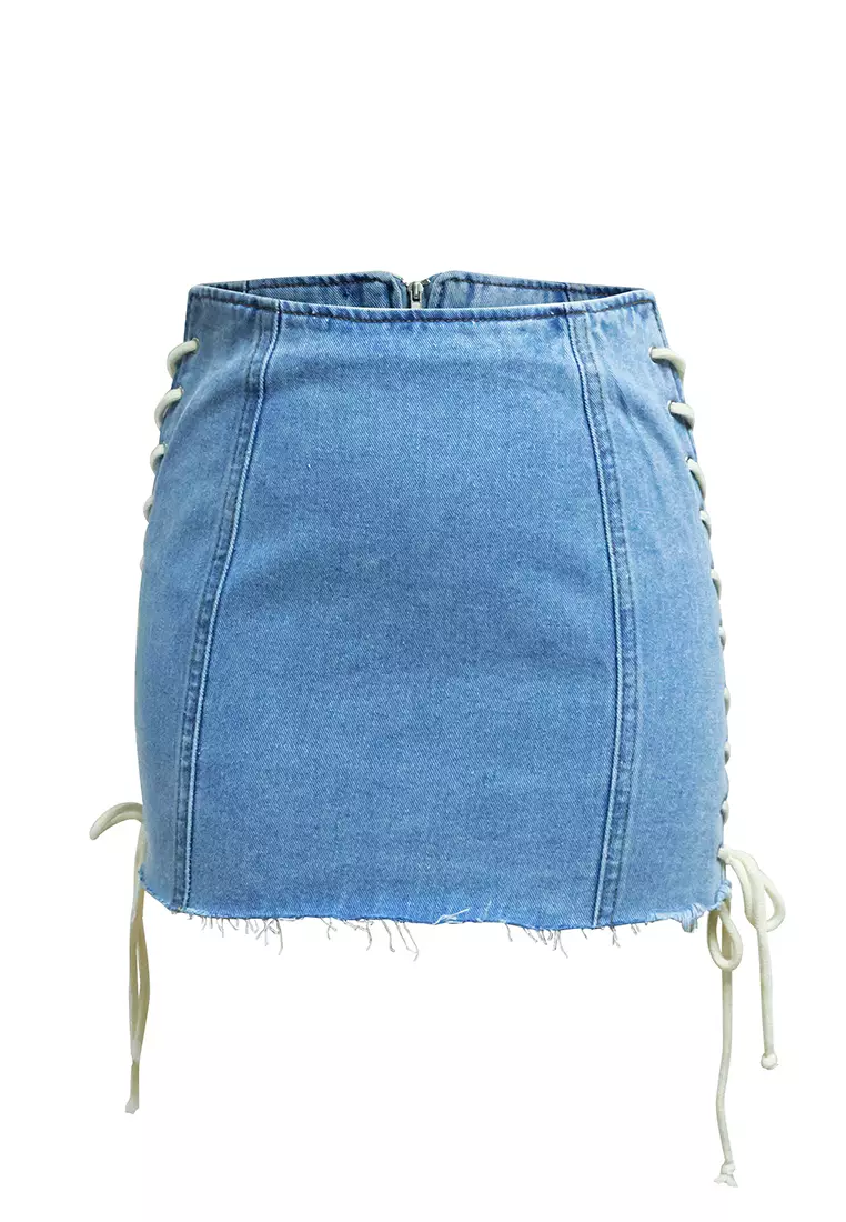 Blue Lace Up Denim Mini Skirt