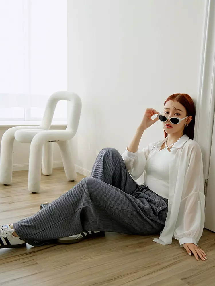 Crinkle-textured drawstring straight-leg wide pants [BA7626]