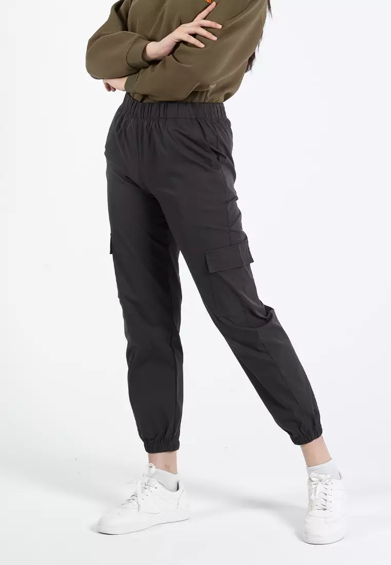 Forest Ladies Polyester Elastic Waisted Cargo Pants Women Casual Jogger Long Pants - 810494-03DkGrey