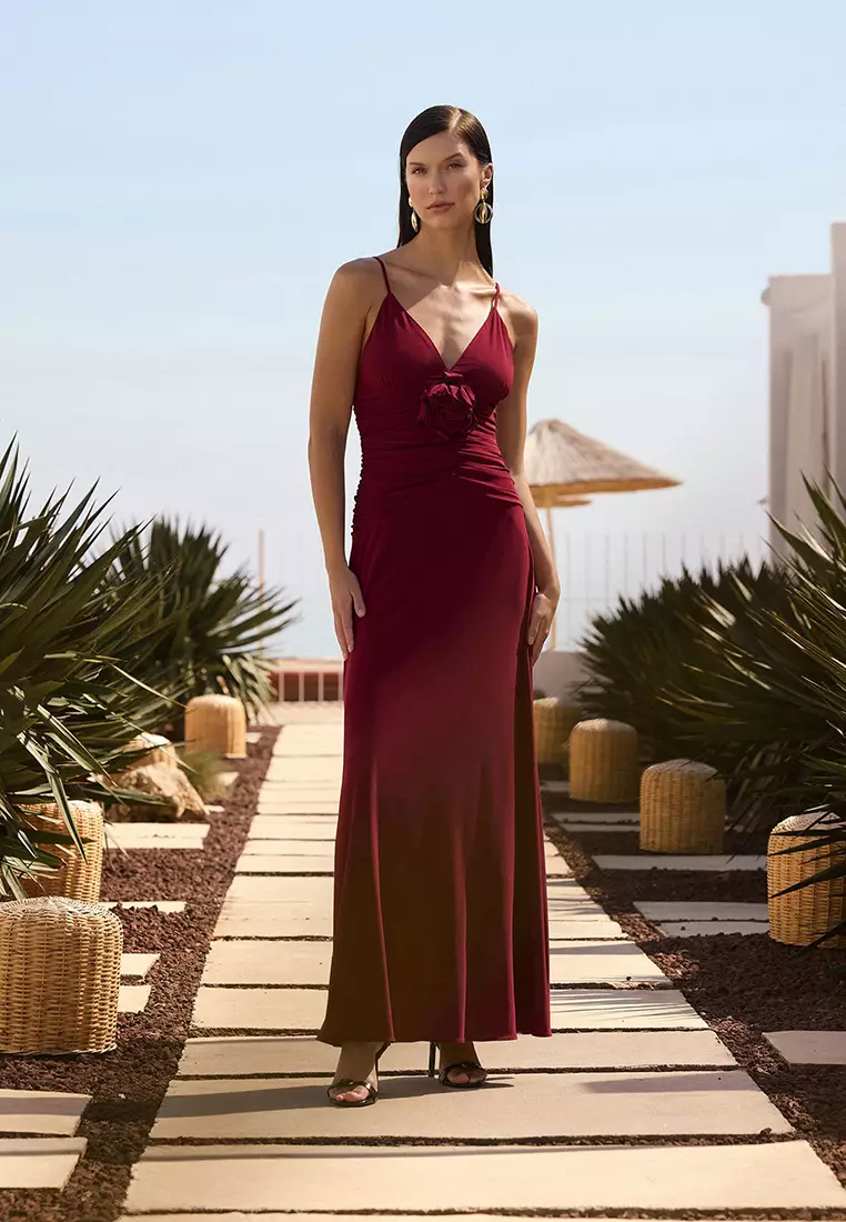 Burgundy Rose Detailed Knitted Maxi Elegant Evening Night Graduation Dress TPRSS25AE00180