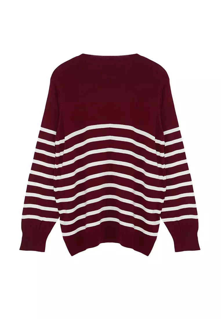 Burgundy Striped Crew Neck Knitwear Sweater Tbbaw23An00119