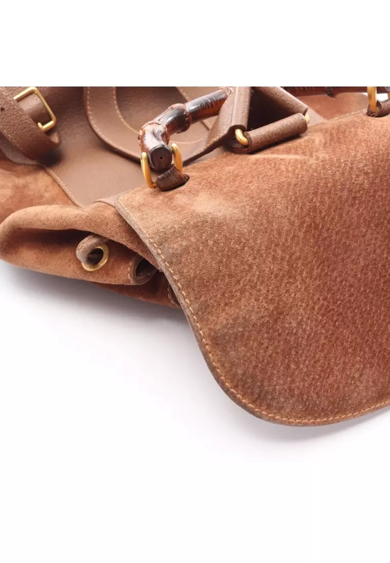 Pre-Loved Gucci Bamboo Backpack rucksack suede leather Brown