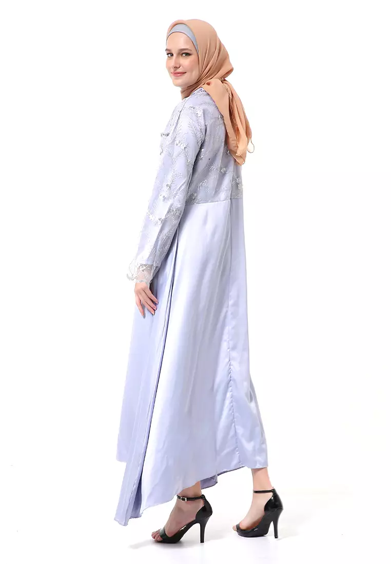 Erica Gamis Dress Muslimah Lengan Panjang Aksen Mutiara Fashion Wanita - Grey