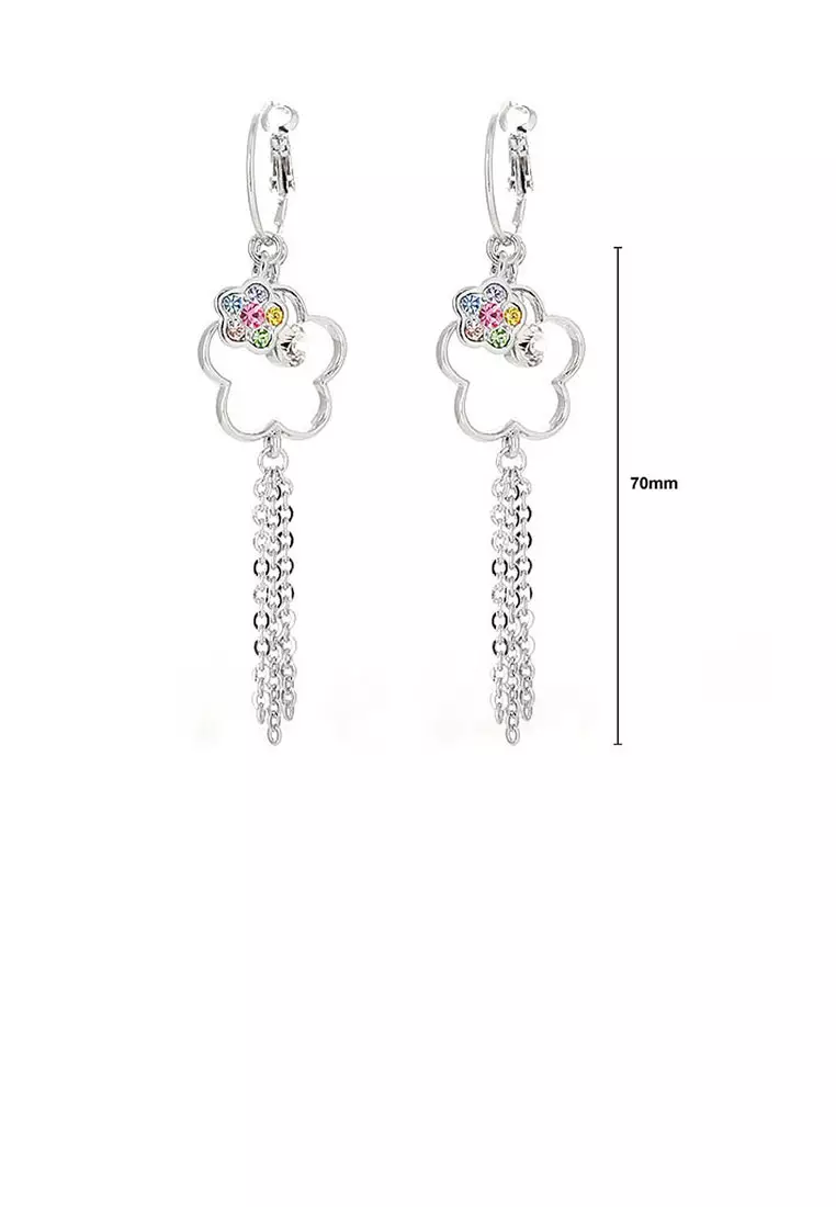 Flower Shape Earrings with Tassols and Multi-color Austrian Element Crystals