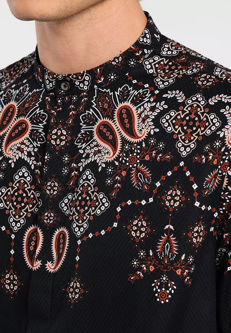 MANZONE - Mahnoor LS - Kemeja Koko Shanghai Lengan Panjang Pria - Black Warna Black