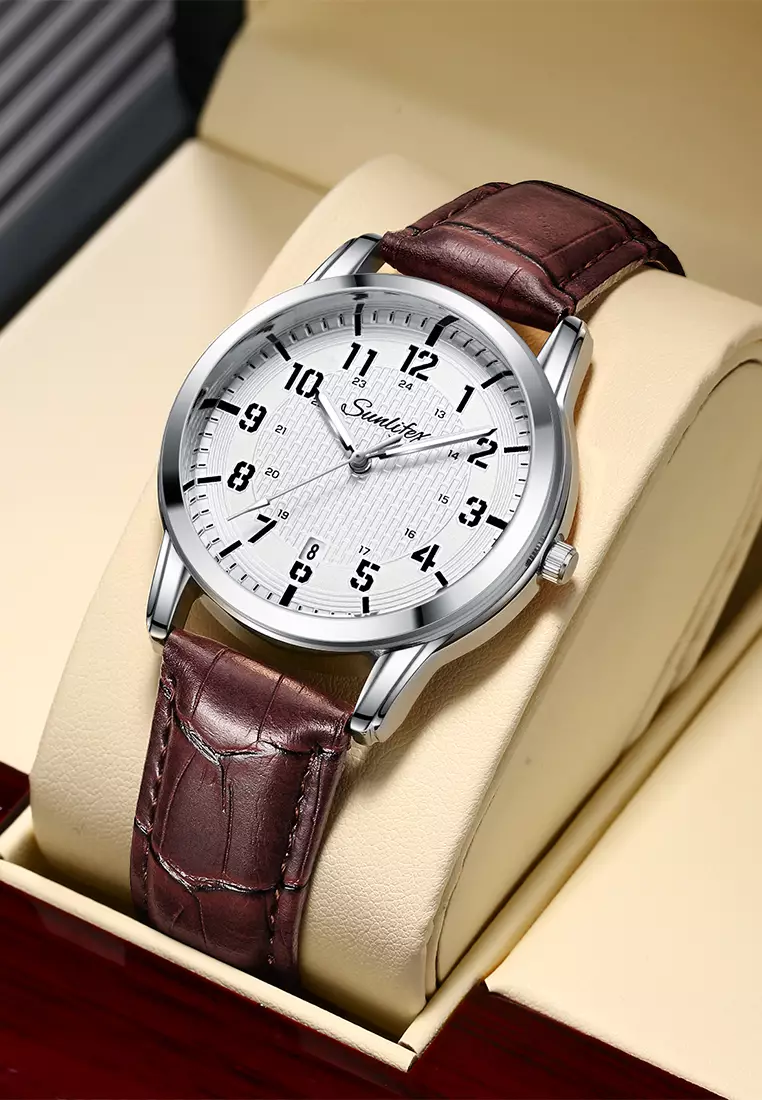 Jam Tangan Pria Original Klasik Gaya Jam Tangan Cowok Anti Air Kuarsa Tali Kulit Jam Pria 7009 brown white