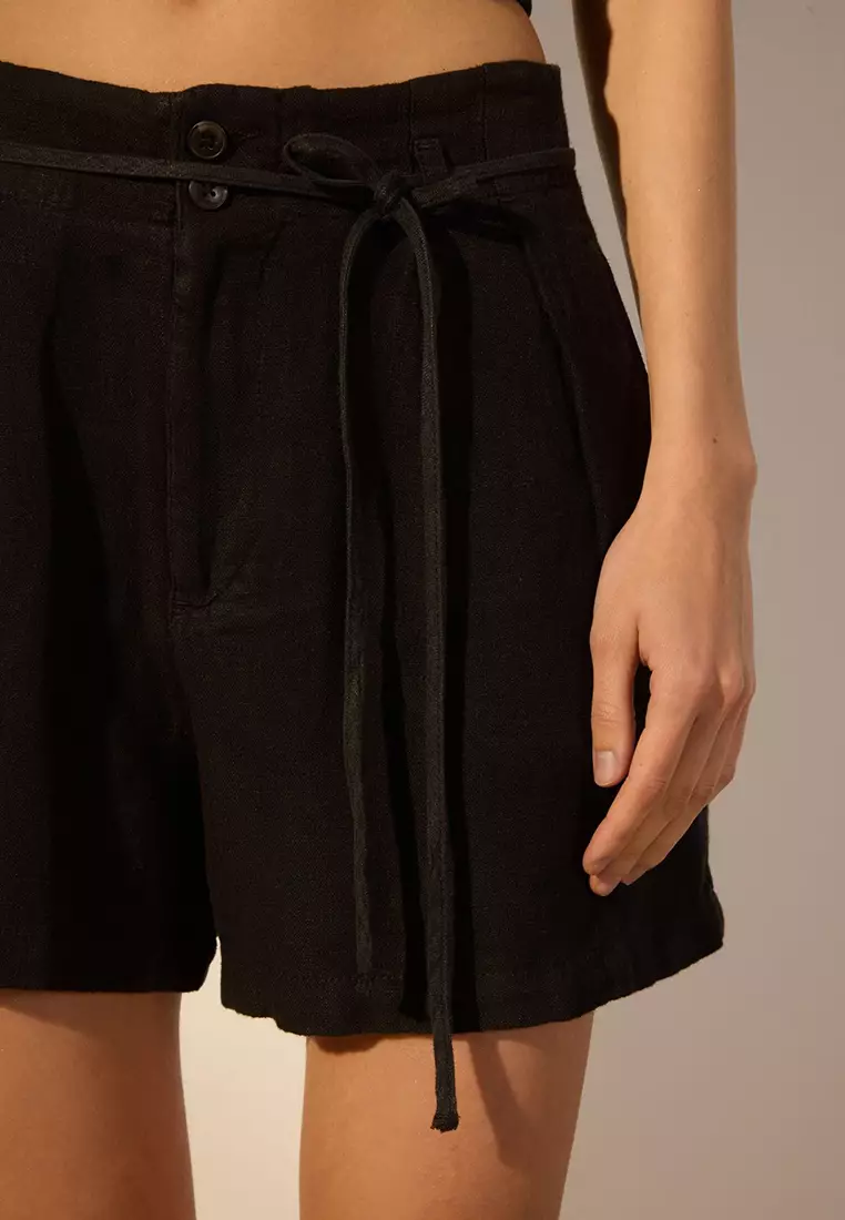 Black 100% Linen Waist Tie Detailed Mini Shorts Twoss25Sr00088