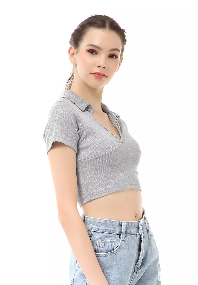 Cerise Crop Top Kaos Pendek Wanita T-Shirt Short Sleeve Plain Motive Material Cotton ORIGINAL - Light Gray