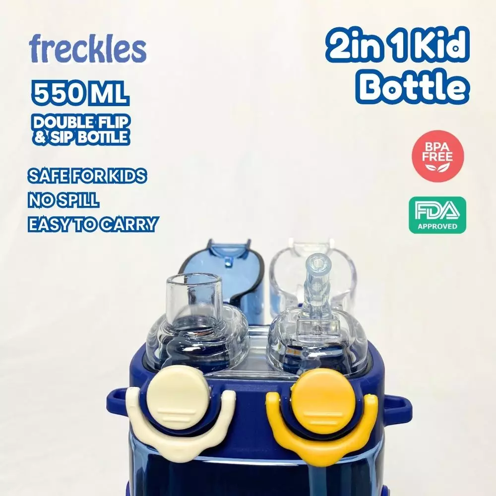 Freckles 2in1 Kids Bottle 550ml - Blue - Botol anak dengan 2 tutup botol unik
