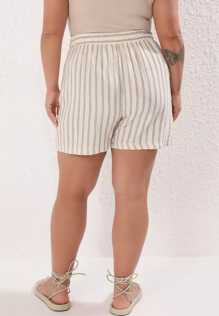 Beige High Waist Linen Look Striped Plus Size Shorts & Bermuda TBBSS25AP00004