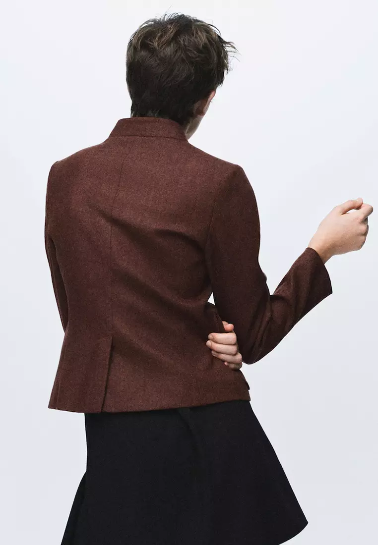 Wool Jacket with Band Collar and Pockets