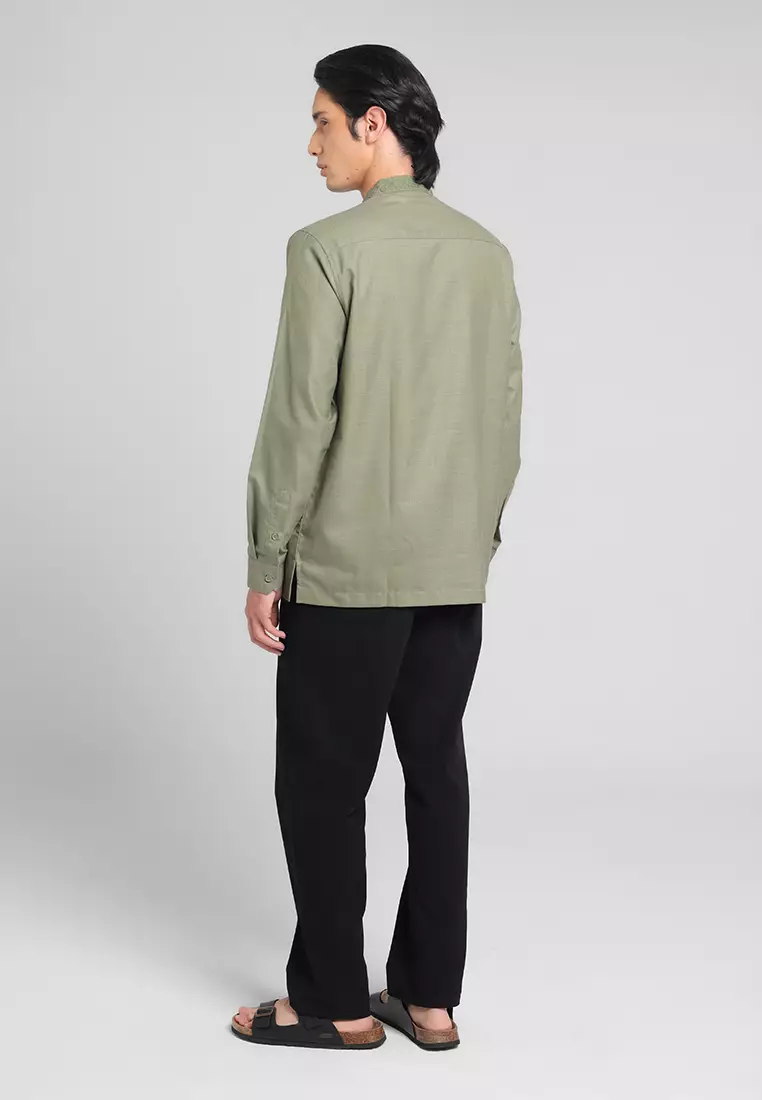 MANZONE - Kemeja Koko Lengan Panjang Pria Haddad Modern - Sage Warna SAGE