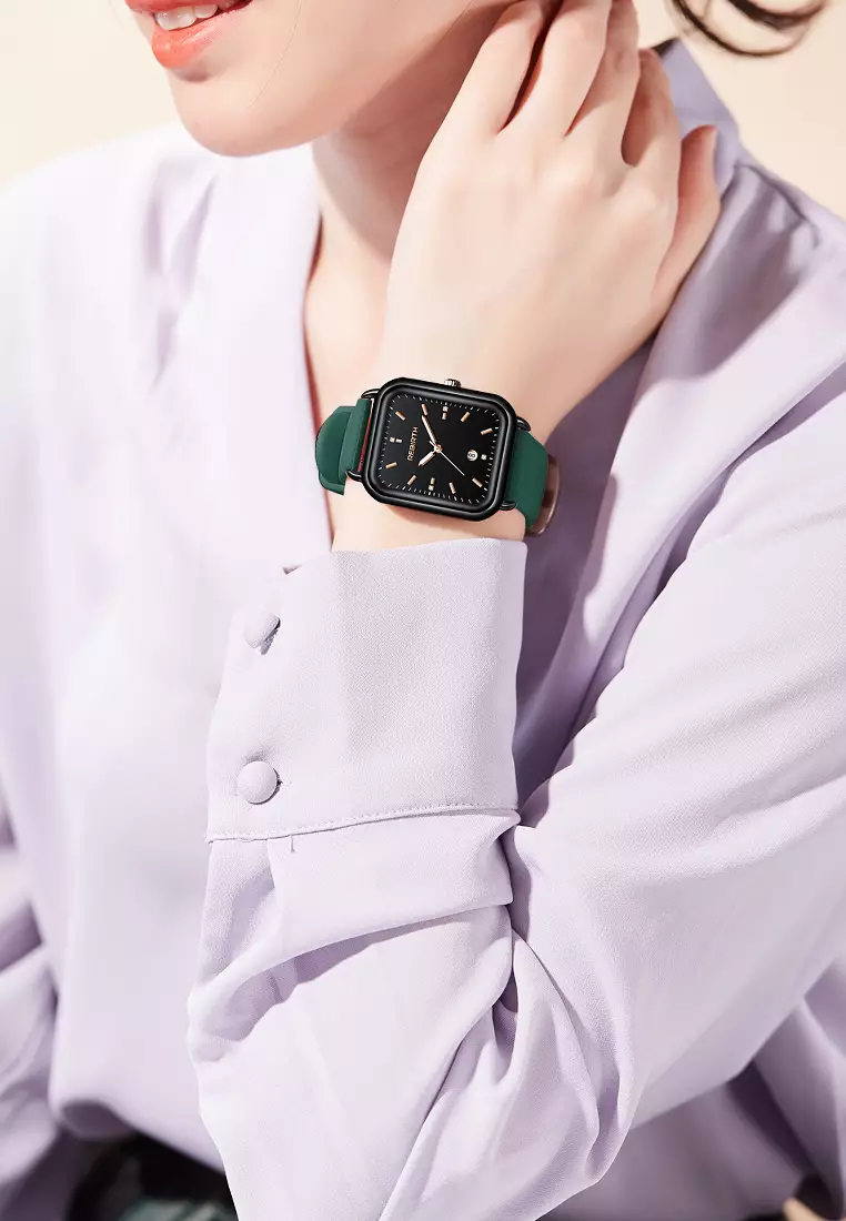 Jam Tangan Wanita Original Square Anggun Tali Silikon Anti Air hijau