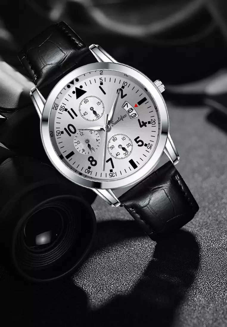 Jam Tangan Pria 7004 Original Anti Air Kuarsa Tali Kulit Jam Tangan Cowok black white