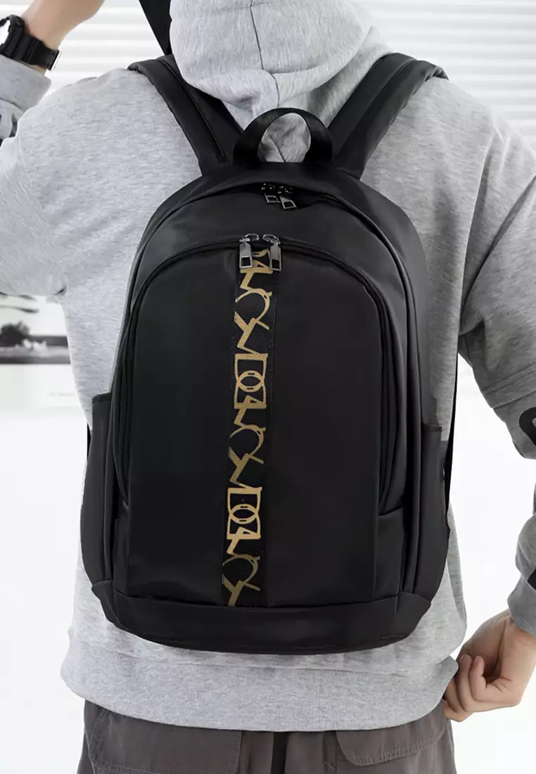 Men's Plain Water-proof Wear-resistant Nylon Zipper Backpack - Black