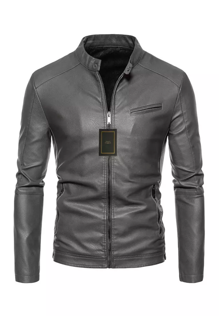 Slim fit leather biker jacket mens on sale
