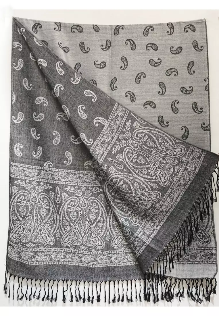 Aksesoris Wanita Reversible Viscose Paisley Pattern Pashmina Shawl Syal Wanita Pebble Grey& Black
