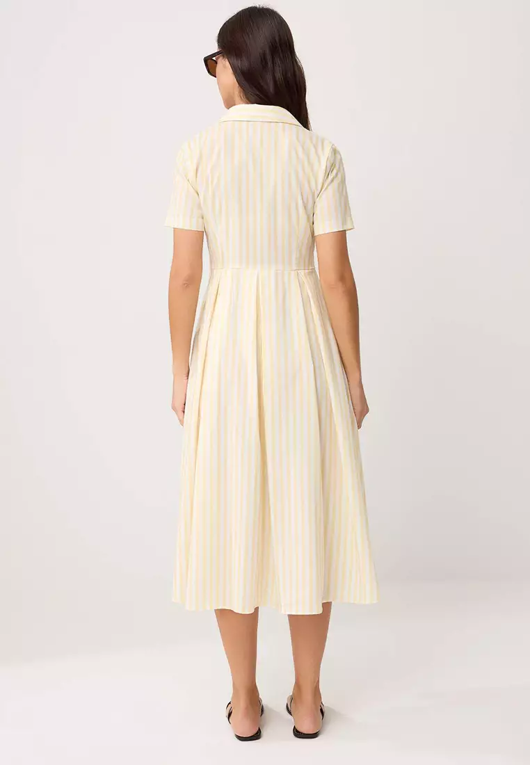 Yellow Striped Skirt Waist Opening Buttoned Midi Woven Dress Twoss25El187