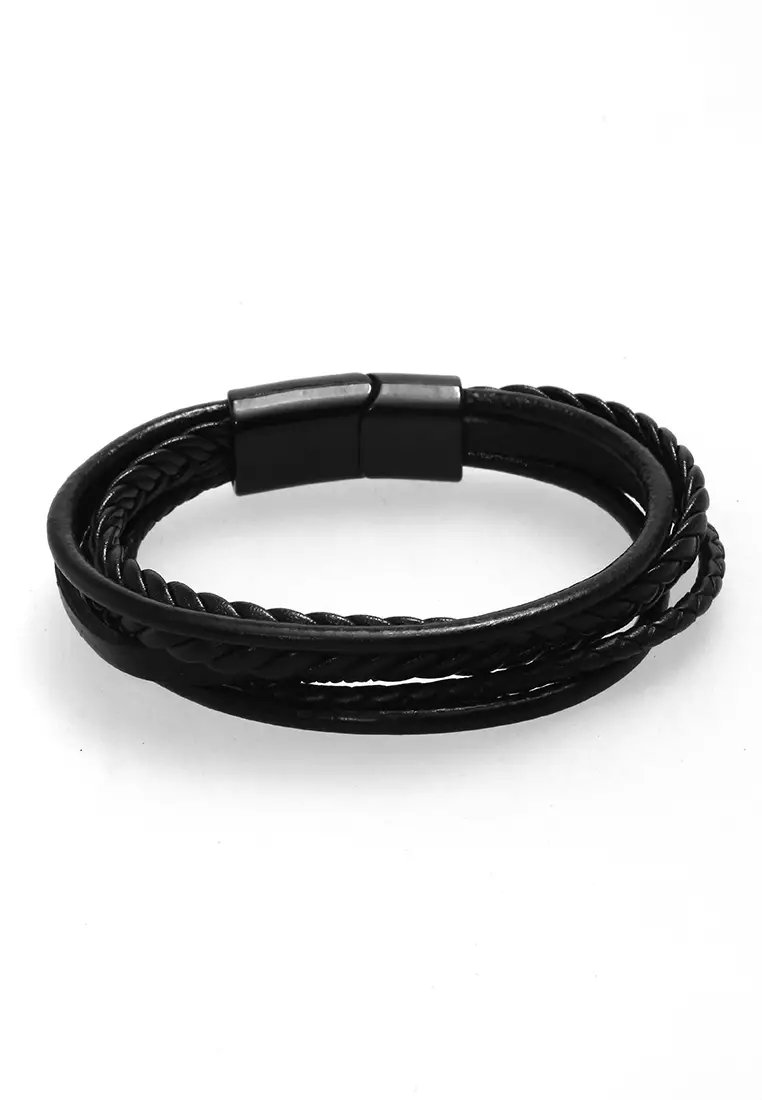 Aleda Gelang Kasual Pria Wanita Aksesoris Fashion Adjustable Desain Mix Kepang Strap Material Leather ORIGINAL - Black Solid