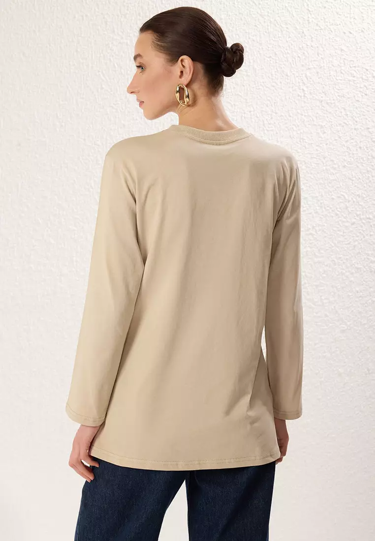 Tan Beige Long Sleeve Slit Detailed Knitted T-Shirt TCTSS25RT00000
