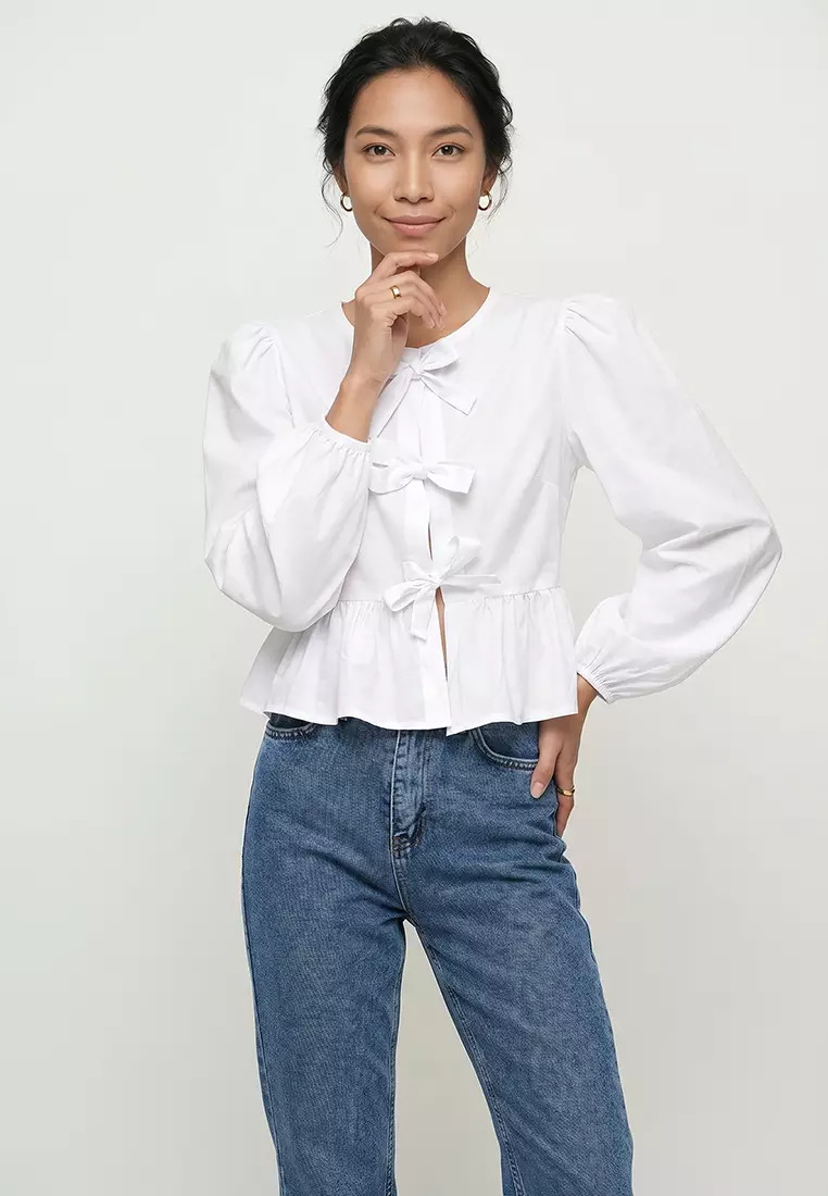 Women's White Crew Neck Bow Tie Princess Sleeve Poplin Blouse