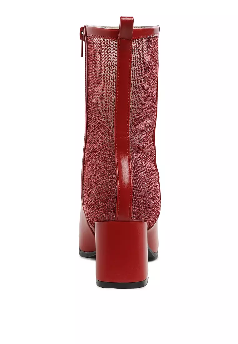 Mesh Detail Pointy Ankle Boots in Red