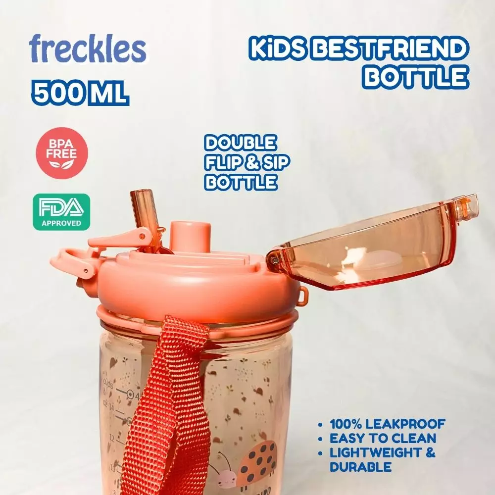 Freckles kid Bestfriend Bottle 500ml - Lady Bug Coral - Botol anak unik dengan 2 sedotan
