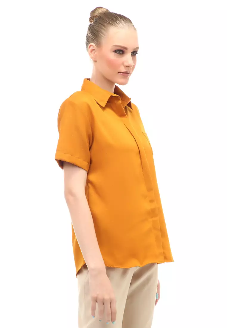 Shirt Atasan Wanita Lengan Pendek Detail Saku Motif Polos Design Simple - Mustard