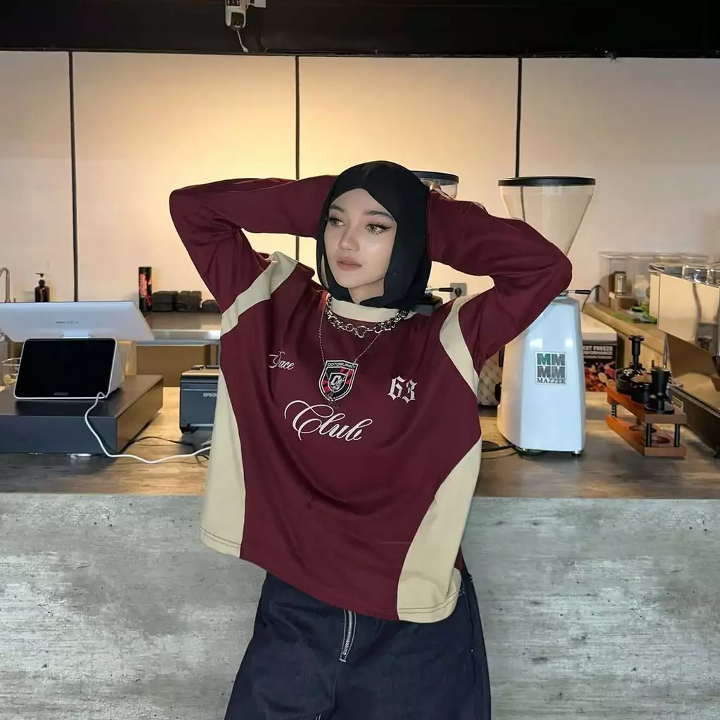 OOTDSUPPLY Longsleeve Boxy Slava Peace Club Maroon l Atasan Boxy Panjang Unisex | Kaos Lengan Panjang Pria dan Wanita | LS-BX-SLA001