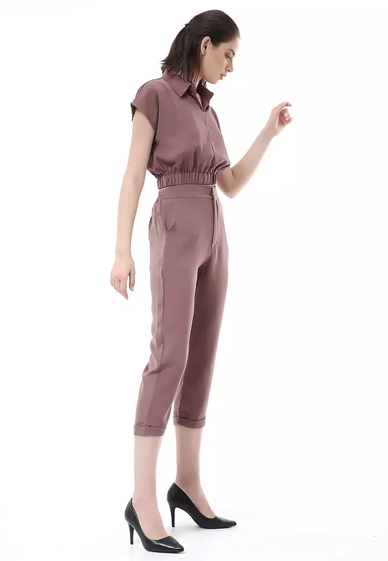 Nayra One Set Setelan Atasan Crop Karet Lengan Pendek Basic Pants Wanita Material Dolce ORIGINAL - Chocolate