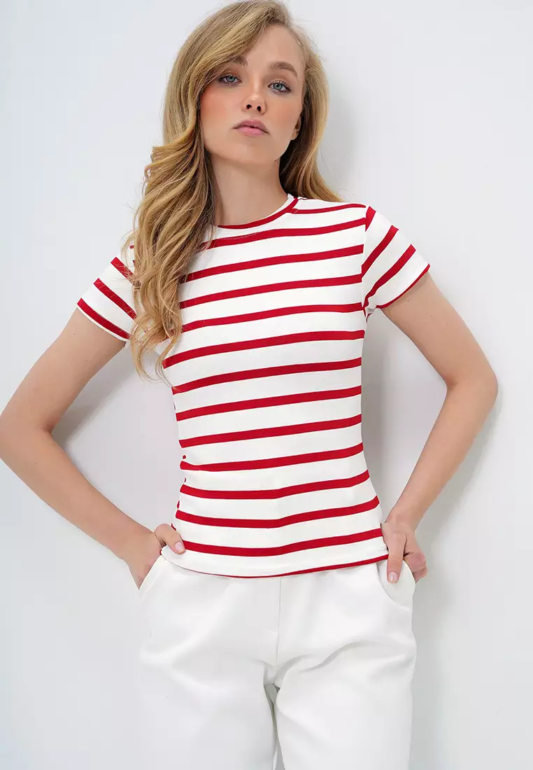 Women's Red Crew Neck Half Sleeve Striped Crop Blouse Alc-X13348