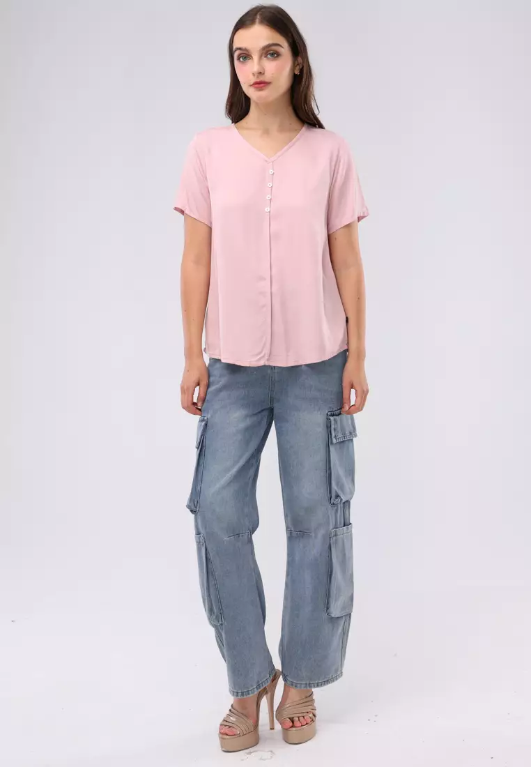 Plain Single Bold Twill Short Sleeves Blouse