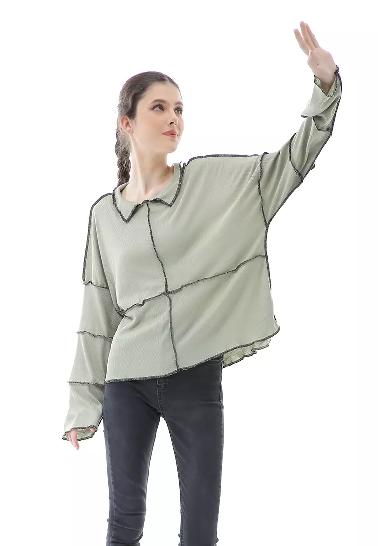 Veronica Blouse Terbalik Relaxed Motif Polos Long Sleeve Premium Quality - Mint