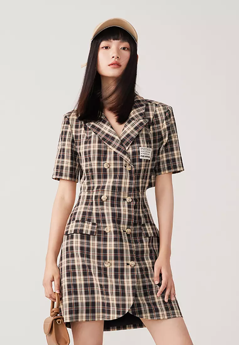 Vintage Plaid Double Breasted Smart Casual Midi Dress