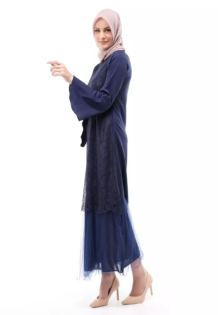 Regita Gamis Brukat Muslimah Wanita Long Dress Regular Fit - Navy