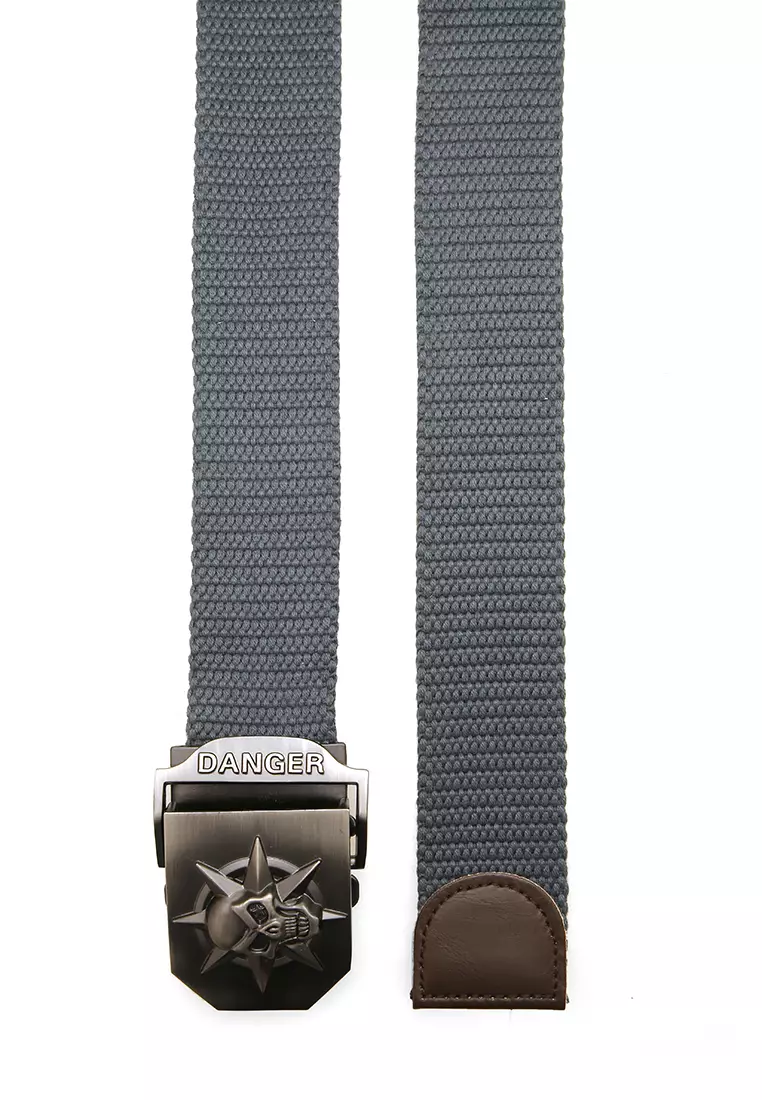 Ilo Aksesoris Fashion Pria Casual Belt Desain Buckle Skull Ikat Pinggang Material Canvas ORIGINAL - Gray