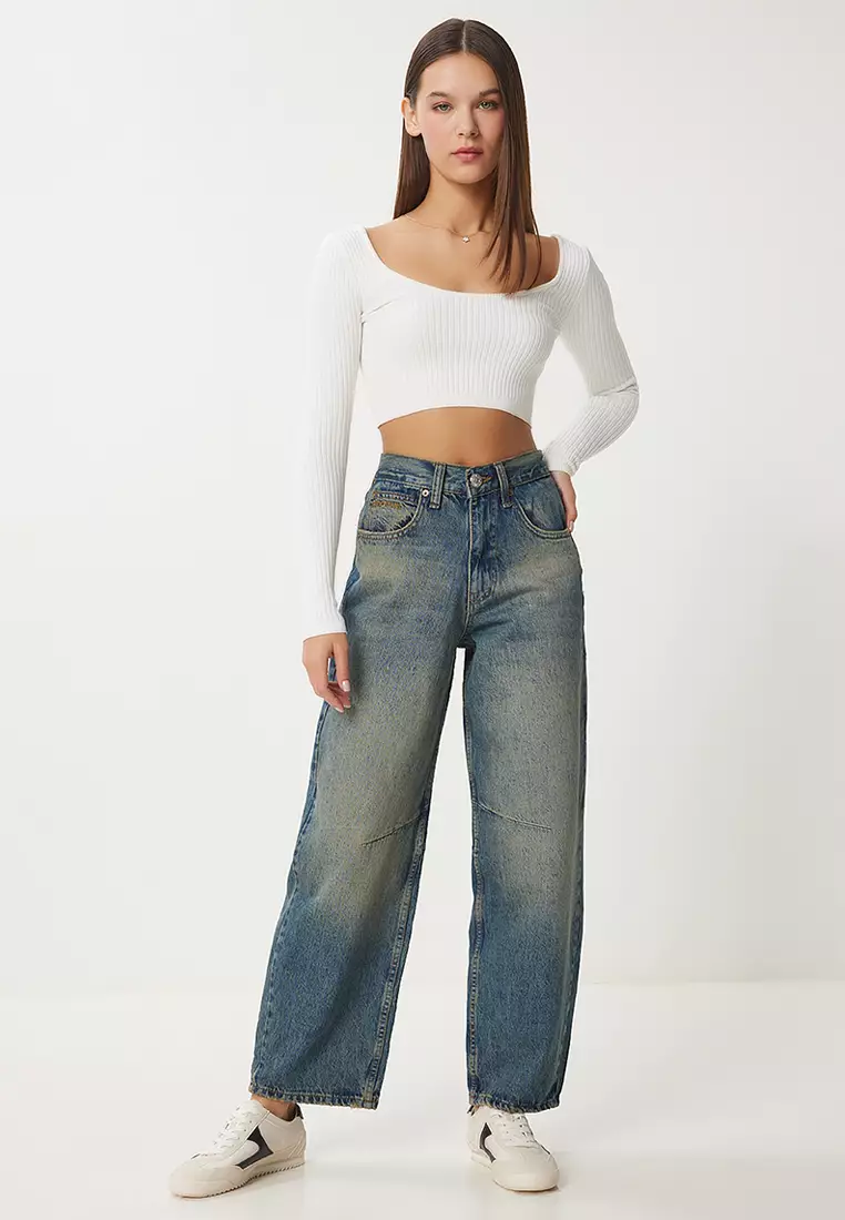 Women's Blue High Waist Faded Effect Baggy Jeans Ut00027