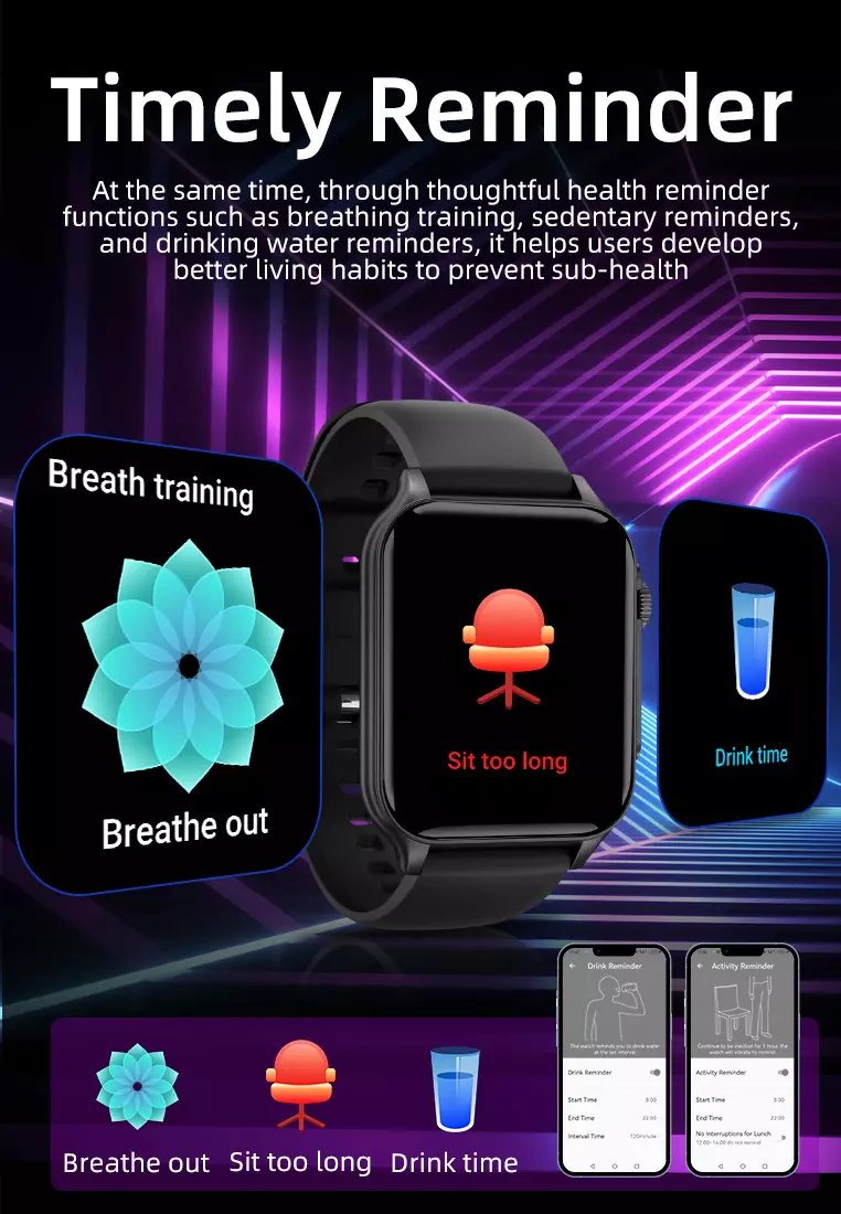 SmartWatch Layar1.96" Fungsi Alarm Denyut Jantung Jam Pintar FitnessTracker Bluetooth Musik hitam