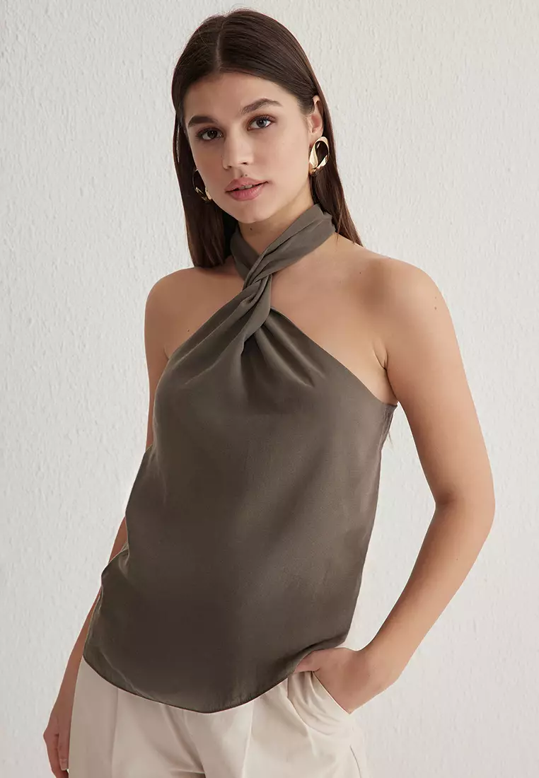 Khaki Halter Neck Knotted Woven Blouse