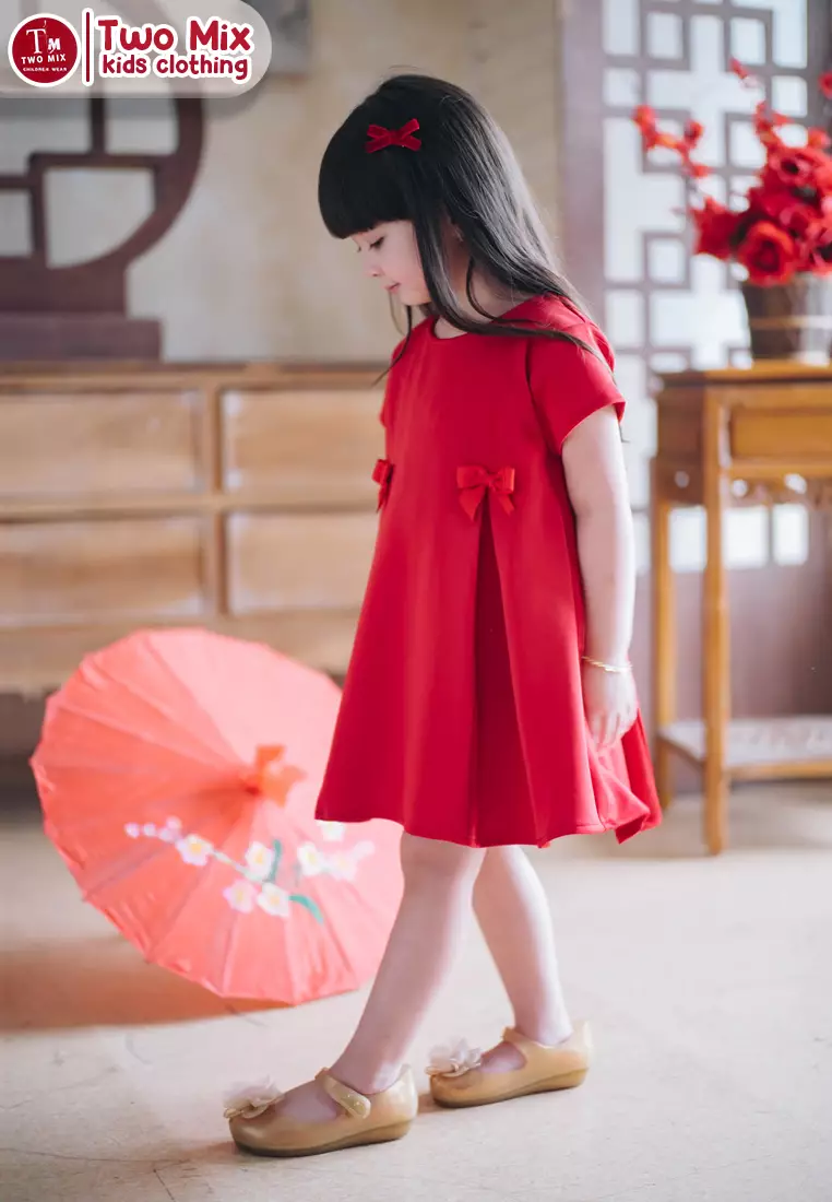 CNY 2024 - Two Mix - Lunara Dress Anak Imlek Perempuan 2024 - Gaun Anak Cewek Lunar Chinese New Year 1-12 Tahun 4389 Colour Red