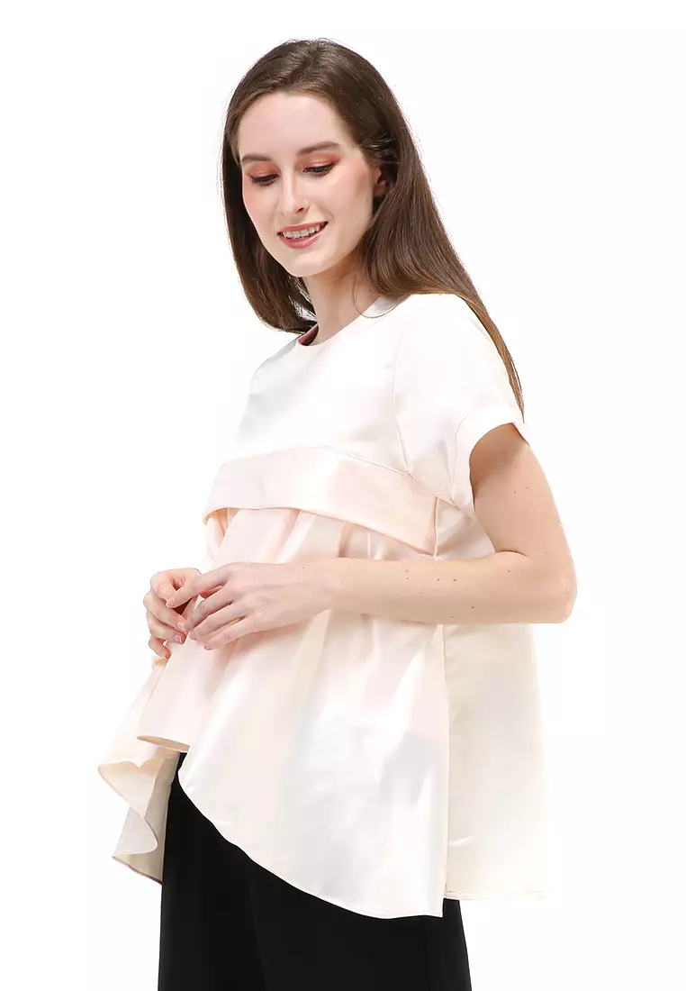 Kailah Blouse Short Sleeves Wanita Motif Polos Atasan Casual - Cream