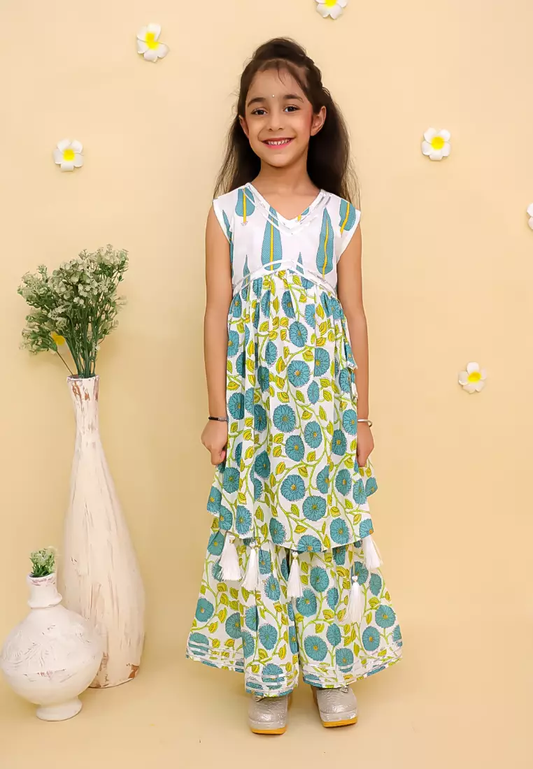 The Mom Store Emeraluxe Girls Anarkali Kurta Sharara Set - Multi