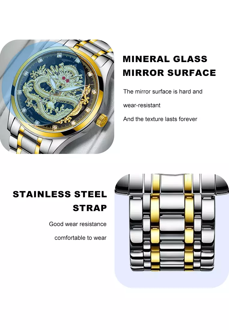 Jam Tangan Pria 9002 Naga Emas Stainless Steel Quartz Original Dragon Gold Kuning Jam Tangan Cowok gold black