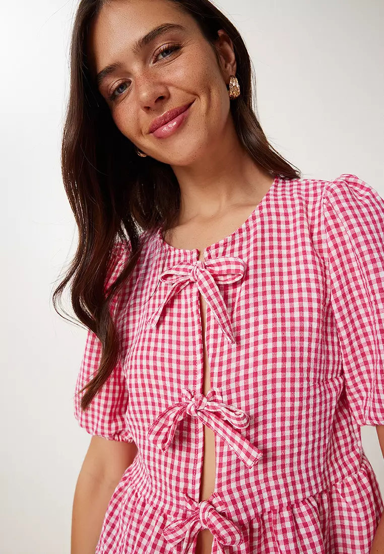 Women's Pink Checkered Binding Detailed Linen Blouse Tp00094