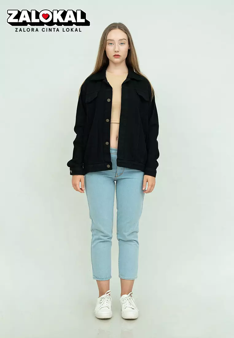 Houseofcuff Jaket Jeans Wanita Polos Tebal Jaket Denim Hitam Unisex